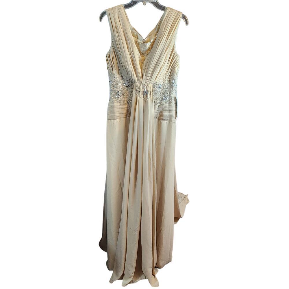 Mingda's‎ Dress formal gown cream with rhinestone sleeveless train chiffon NWT